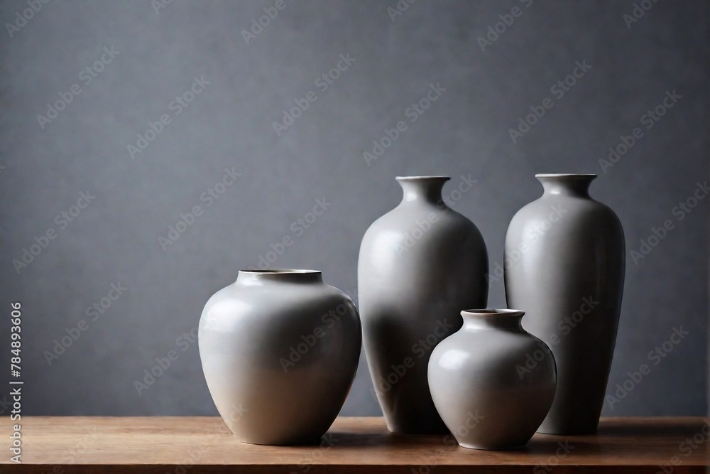 Stylish ceramic vases and pots on the table with grey background and copy space. Stylish ceramic vases and pots on the table with grey background and copy space.