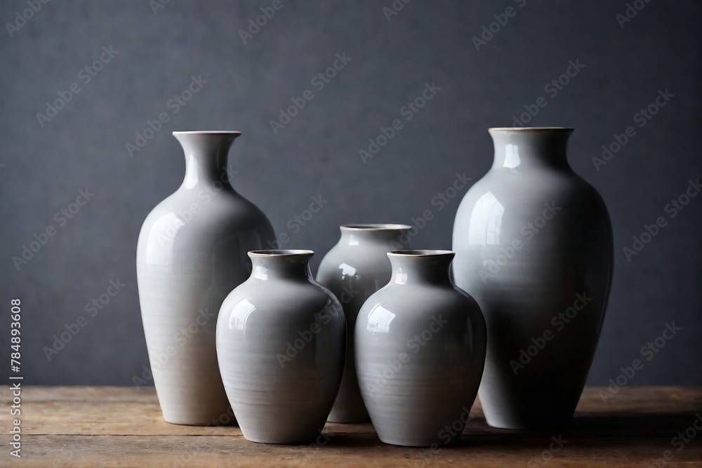 Stylish ceramic vases and pots on the table with grey background and copy space. Stylish ceramic vases and pots on the table with grey background and copy space.