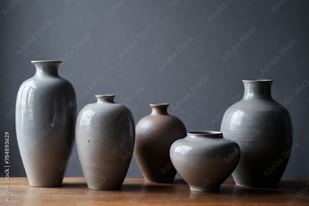 Stylish ceramic vases and pots on the table with grey background and copy space. Stylish ceramic vases and pots on the table with grey background and copy space.