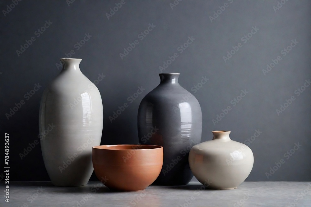 Stylish ceramic vases and pots on the table with grey background and copy space. Stylish ceramic vases and pots on the table with grey background and copy space.