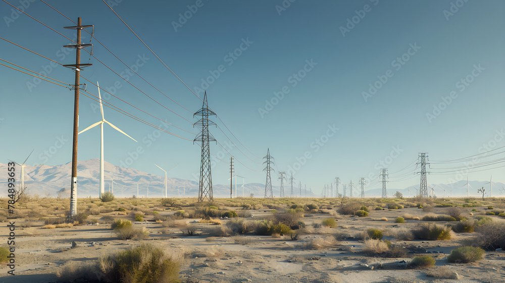 Wind Turbines and Electricity Pylons Spanning the Desert Landscape under Clear Blue Sky