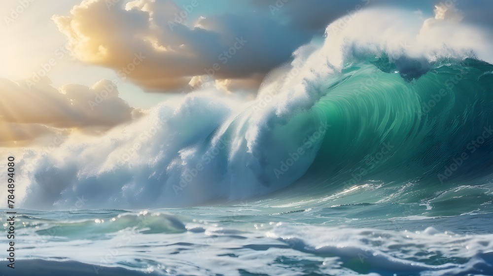 Fototapeta premium A powerful ocean wave, with its majestic and dynamic shape, symbolizing the power of nature's elements. For Design, Background, Cover, Poster, Banner, PPT, KV design, Wallpaper