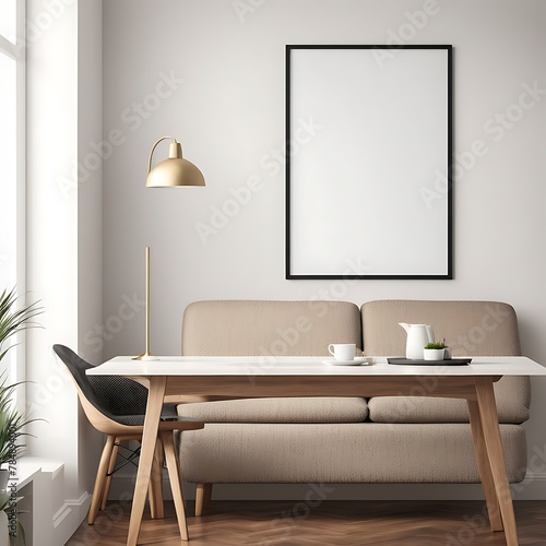 Frame mockup  Living room wall poster mockup. Interior mockup with house background. Modern interior design. 3D render  © Land Stock