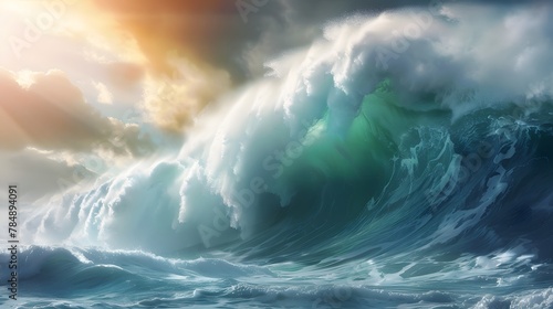 A powerful ocean wave, with its majestic and dynamic shape, symbolizing the power of nature's elements. For Design, Background, Cover, Poster, Banner, PPT, KV design, Wallpaper