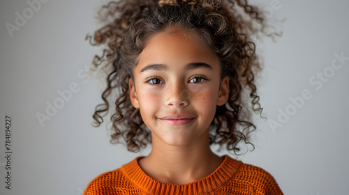 Joyful Mixed Race Girl in Orange Sweater, Radiant against a Clean White Backdrop