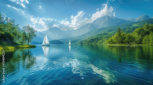 Tranquil Kanas Lake: Yachts Gliding Through Misty Waters Under a Clear Blue Sky with Fluffy White Clouds