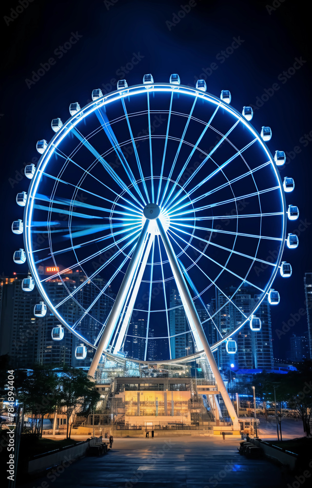 A Ferris wheel with lights, located in Shenzhen Futian later sunshine city square at night