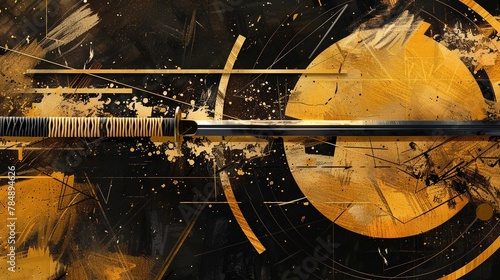 Illustration in gold and black ink with Japanese sword