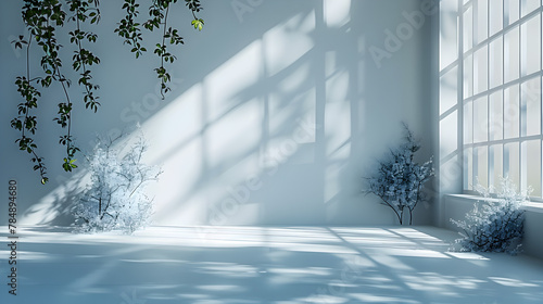 Minimalist White Room with Shadows of Plants and Trees