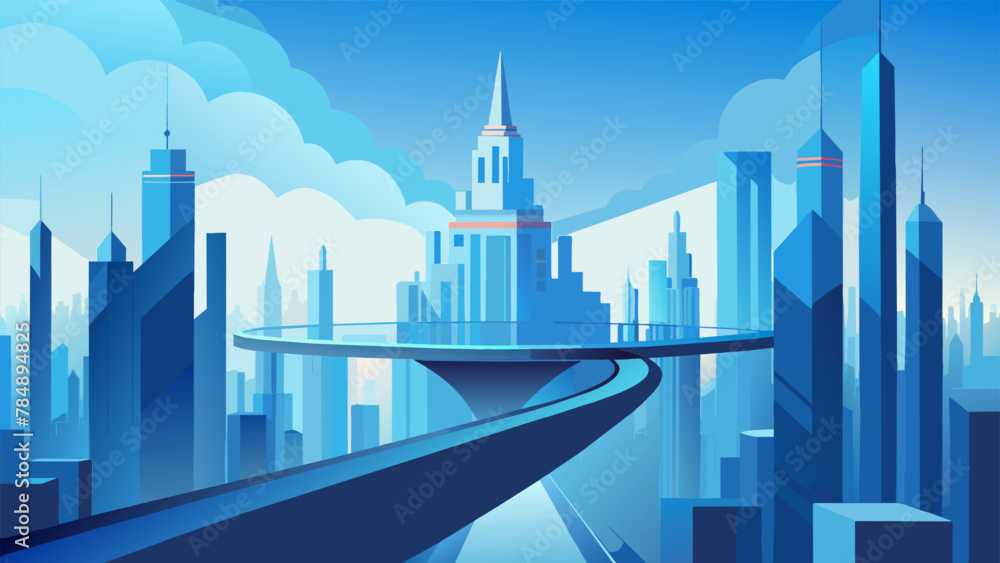 A city crafted completely out of skyblue glass with winding walkways and gravitydefying buildings that seem to defy logic. The city seems to
