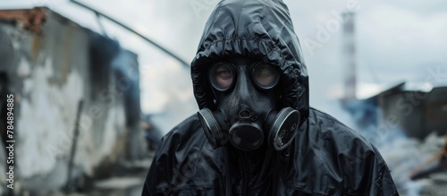 A man wearing a protective gas mask and raincoat is standing in front of a building, looking prepared for any hazardous situation