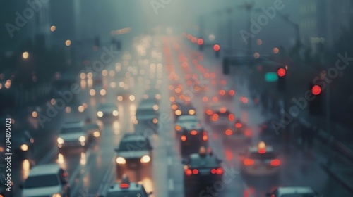 A blurred cityscape with rows of busy cars stuck in a thick haze creating a sense of chaos and urgency. .