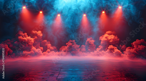 Mystery Unfolds on Stage  Cinematic Red and Blue Spotlights Pierce the Foggy Ambiance