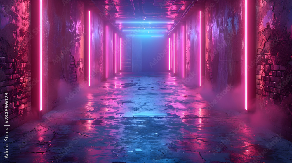 Neon-Lit Abandoned Industrial Building Corridor: Modern Club Night Party Concept Neon-Lit Abandoned Industrial Building Corridor: Modern Club Night Party Concept
