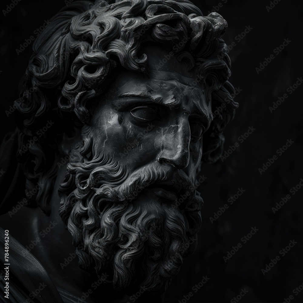 Powerful and Majestic: A Dark Bearded Sculpture of Zeus, the God of Thunder and Lightning, Radiating Strength and Wisdom