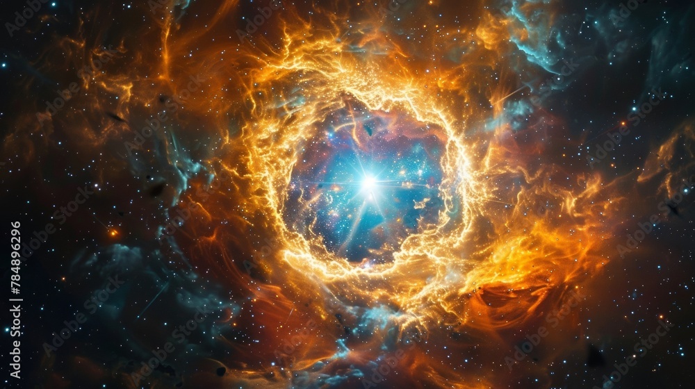 Fototapeta premium A closeup of a supernova the explosion of a dying star. The intense burst of light and energy creates a dazzling display with swirls of gas and dust being thrown out into space in .