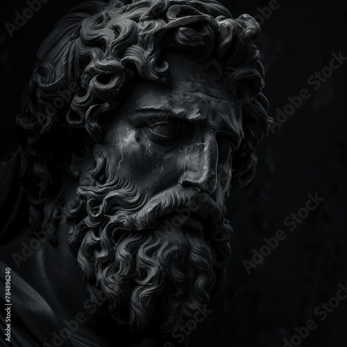 Powerful and Majestic: A Dark Bearded Sculpture of Zeus, the God of Thunder and Lightning, Radiating Strength and Wisdom