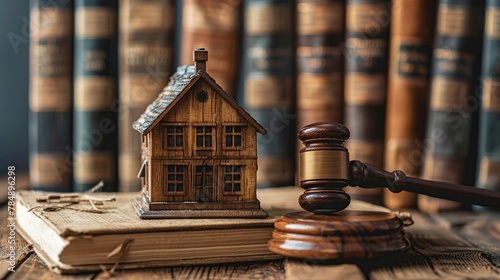 Legal background of courts related to real estate or home auctions. Model houses, batons, and law books. photo