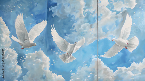 Oil painting, 3 separate panels, doves in the blue sky photo