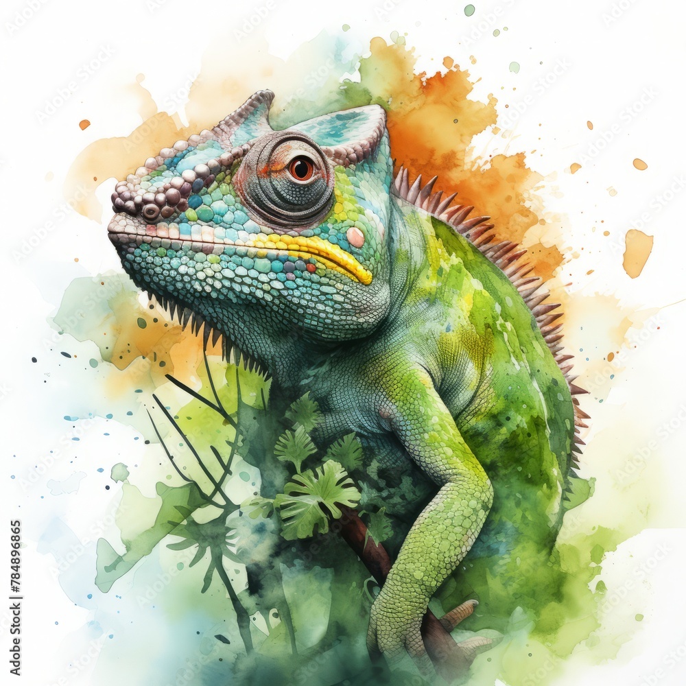 A green lizard with a yellow stripe on its face is sitting on a branch A green lizard with a yellow stripe on its face is sitting on a branch