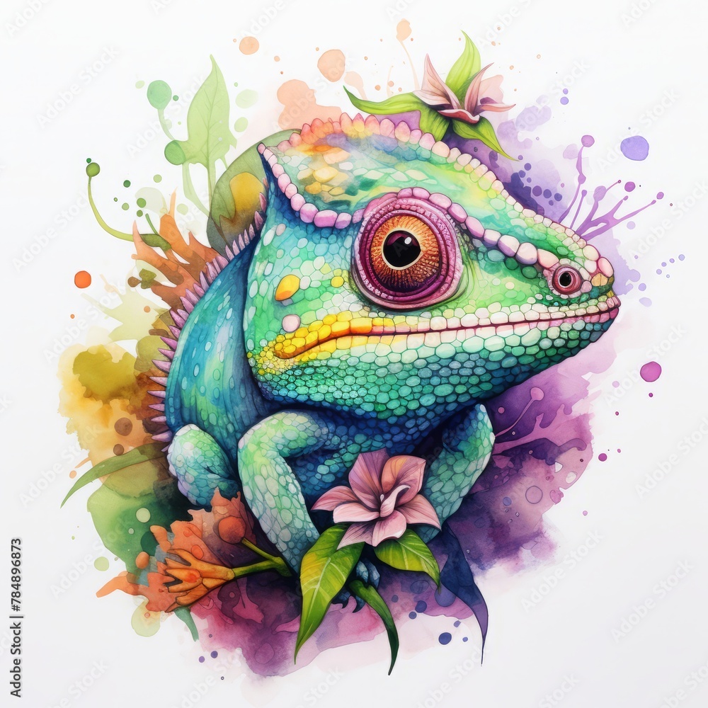 A colorful lizard with a flower on its face A colorful lizard with a flower on its face