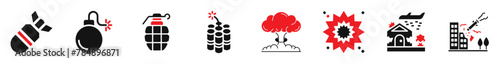 Bomb icon collection of explosion. Damage on the destroyed city, various explosives and effects flat icons design.