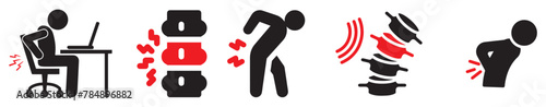 Back pain icons set. Flat icons illustrating back pain and problems on spine.