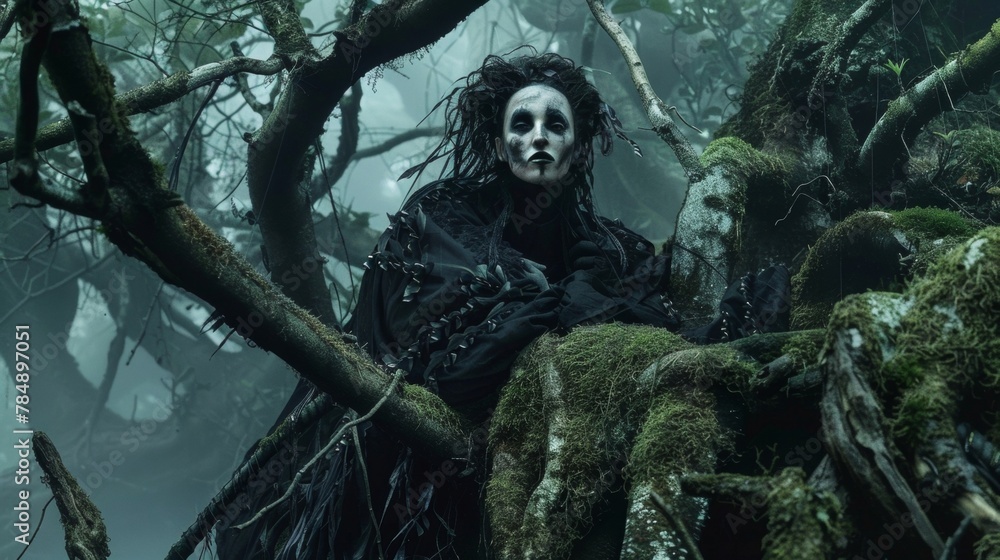 A misty forest clearing shrouded in a veil of darkness serves as the backdrop for this gothic aesthetic. A striking model with a bold . . A misty forest clearing shrouded in a veil of darkness serves as the backdrop for this gothic aesthetic. A striking model with a bold . .
