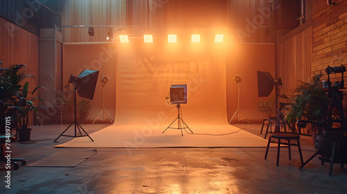 Professional Photo Studio Setup with Warm Lighting and Directors Chair
