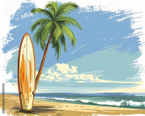 Surfboard clipart leaning against a palm tree clean background © Sirirat