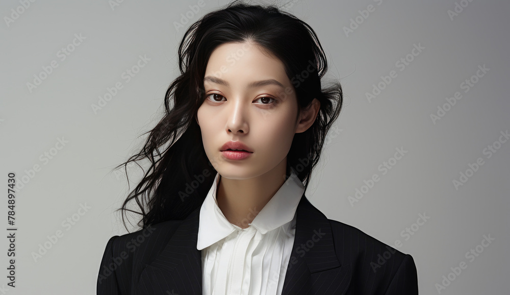 Portrait of a beautiful and confident Japanese or korean business woman posing in a white suit, white long black hair. Business, finance and employment, female successful entrepreneurs concept. Portrait of a beautiful and confident Japanese or korean business woman posing in a white suit, white long black hair. Business, finance and employment, female successful entrepreneurs concept.