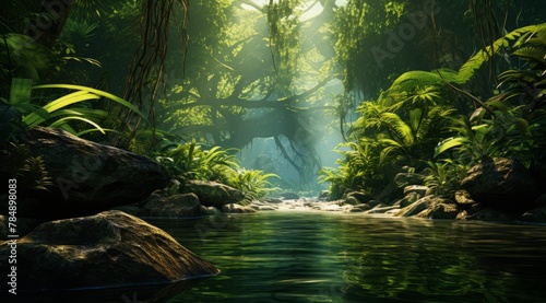 A lush jungle with a river running through it