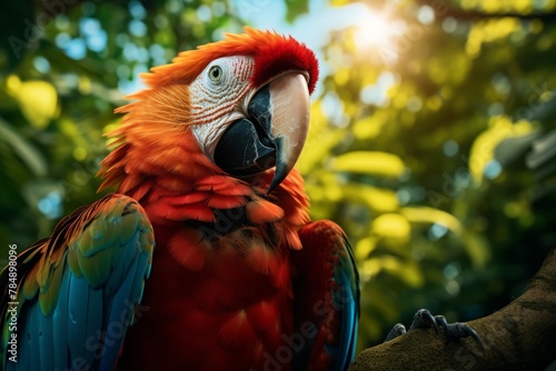 A colorful parrot is perched on a tree branch