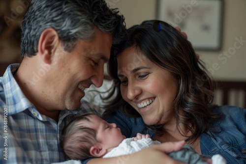 Proud mother and father smiling at their newborn baby daughter, son at home, Generative AI 