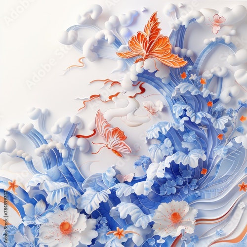 Exquisite craftsmanship: colorful butterfly and flower organic paper sculpture design, an illustration of dreamy romance, perfect for banner, capturing the beauty of nature in intricate detail.