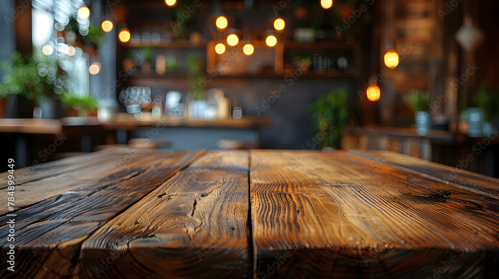 Rustic Wooden Table in Softly Lit Coffee Shop Interior Exuberant Space for Product Display Rustic Wooden Table in Softly Lit Coffee Shop Interior Exuberant Space for Product Display