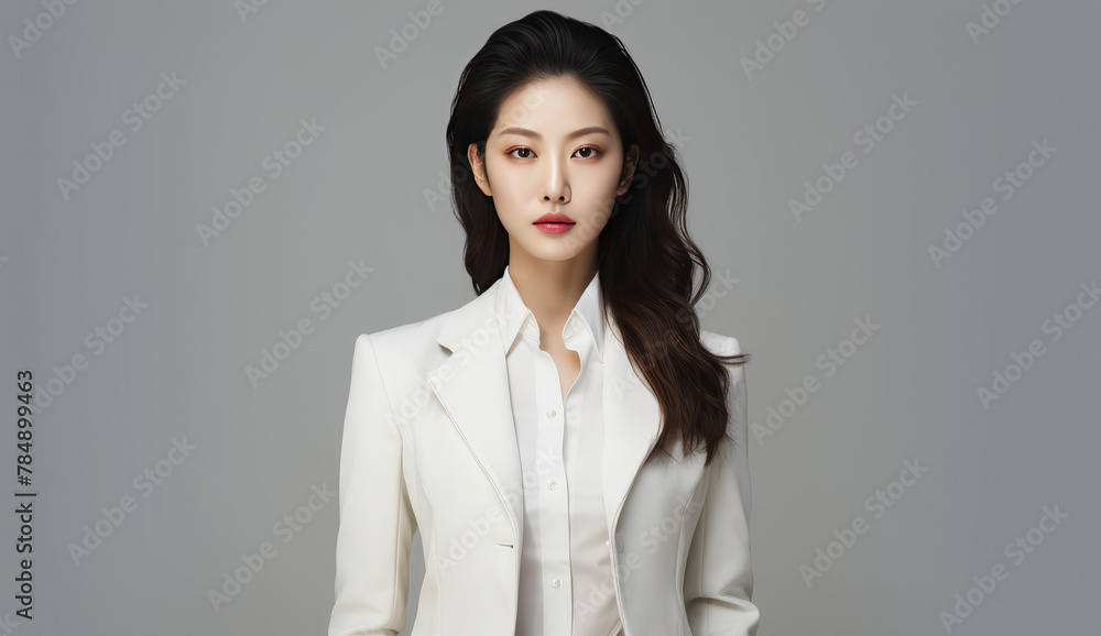 Portrait of a beautiful and confident Japanese or korean business woman posing in a white suit, white long black hair. Business, finance and employment, female successful entrepreneurs concept. Portrait of a beautiful and confident Japanese or korean business woman posing in a white suit, white long black hair. Business, finance and employment, female successful entrepreneurs concept.
