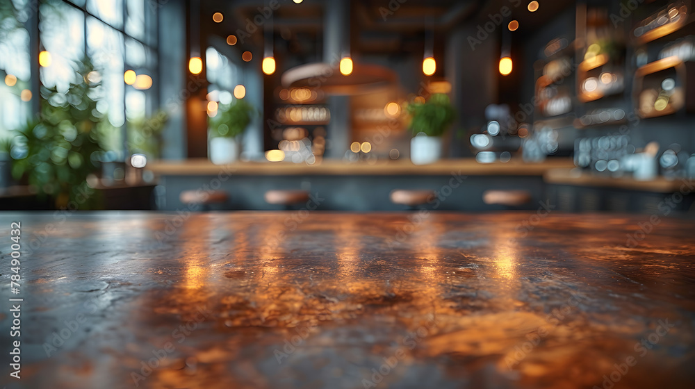 Spacious Bar Interior Table with Abstract Bokeh Lighting and Room for Product Display Spacious Bar Interior Table with Abstract Bokeh Lighting and Room for Product Display