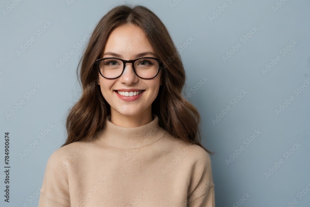 Cheerful smart woman dressed in brown knitwear and glasses standing against a blue background.