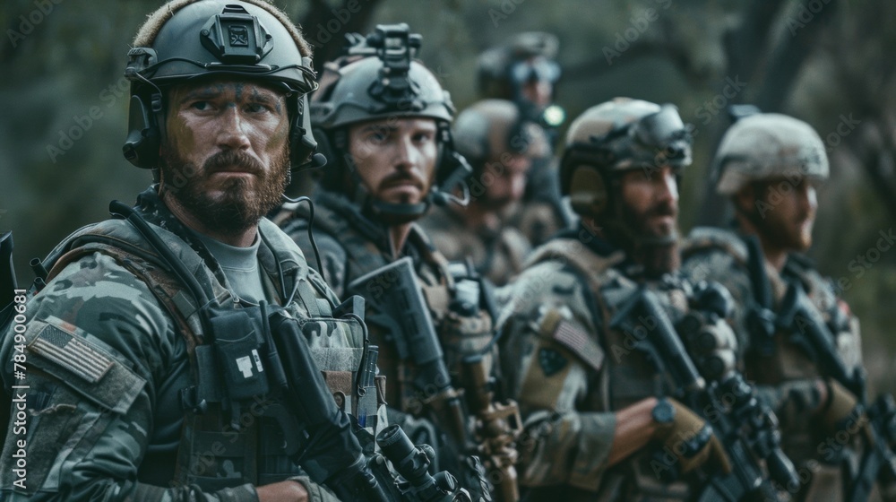 A group of soldiers in full tactical gear stand at the ready their expressions composed and determined as they await orders. .
