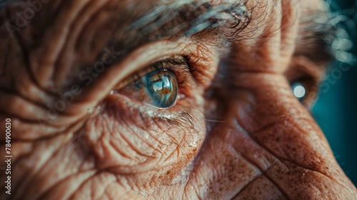 A close-up of an elderly man's eyes, with the reflection in his pupils showing a fragmented and incomplete picture, hinting at the distorted reality faced by those with dementia. photo