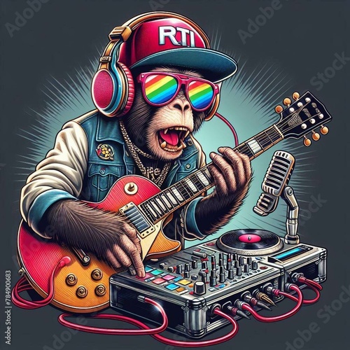 Macaco DJ disk jockey Guitarrista operando uma mesa de som e cantando