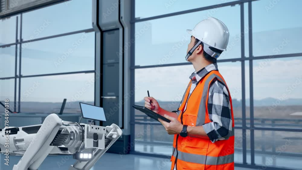 Side View Of Asian Male Engineer With Safety Helmet Standing in High Tech Factory, Analyzing Robotic Machine Concept. Taking Note On The Tablet And Looking Around Side View Of Asian Male Engineer With Safety Helmet Standing in High Tech Factory, Analyzing Robotic Machine Concept. Taking Note On The Tablet And Looking Around