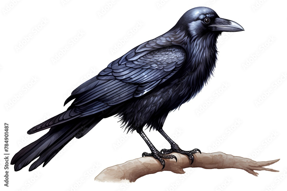 Fototapeta premium drawing of a crow sitting on a branch on a white background