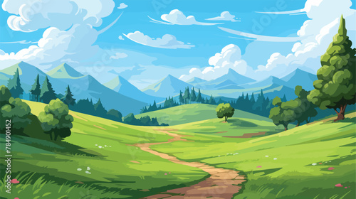 Winding path in meadows with green grass trees and