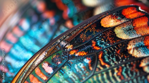 An intricate image of a butterfly wing showcasing the vibrant patterns and colors in its delicate scales almost appearing like a mosaic. .
