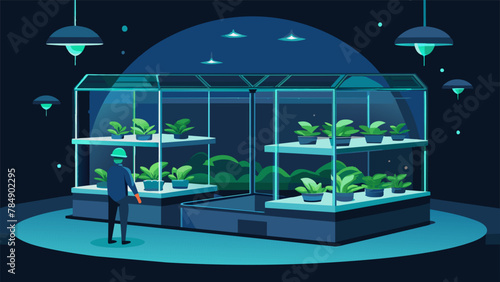 Against a backdrop of ling stars a solitary figure tends to a series of stacked hydroponic beds on a small asteroid farm. The circular trays