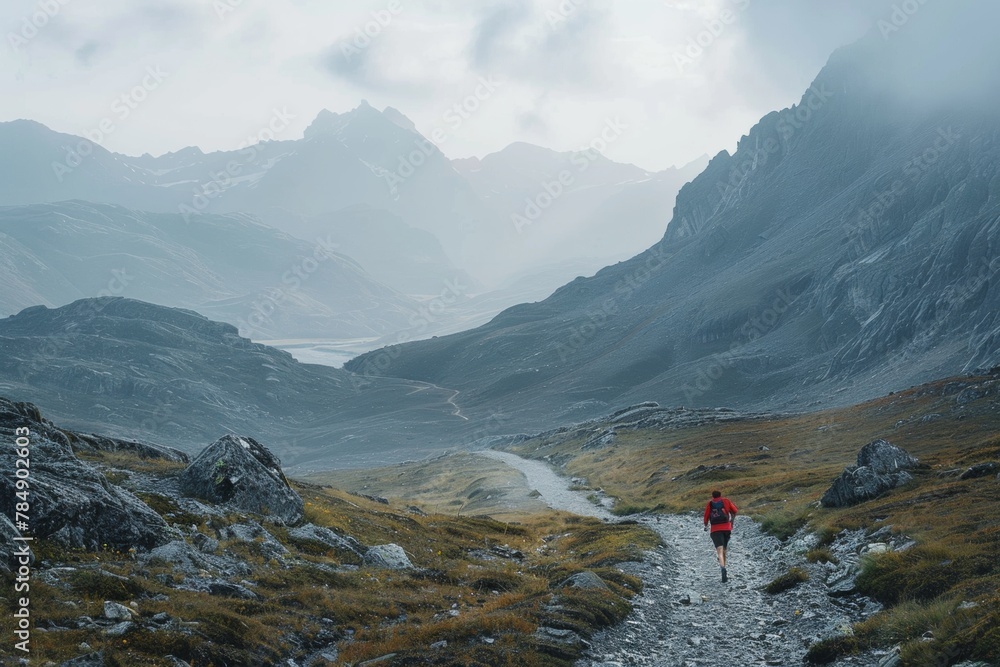 A cinematic wide shot of a lone trail runner dwarfed by a vast panorama of mountains