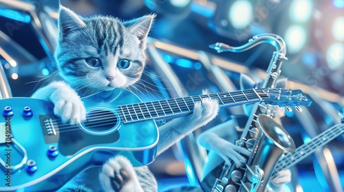 A group of kittens, dressed in miniature jazz suits, strum guitars and tap saxophones, their performance captured in swinging closeup photo