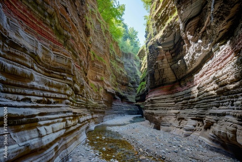 A canyon carved by a river over millennia, layers of colorful rock exposed
